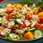 Insalata di pollo condita con olio e limone con pinoli e sesamo in superficie