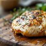 Pollo cotto su tagliere tagliato a pezzi con coltello da cucina