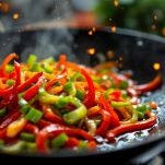 Peperoni a striscioline che saltano in padella wok con olio caldo