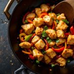 Pollo a pezzi con peperoni nel wok mentre vengono saltati insieme