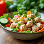 Insalatiera con pollo e peperoni e rondelle di cetriolo fresche sopra