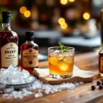 Shaker con brandy, sciroppo d’orzata, angostura e cubetti di ghiaccio pronti per essere miscelati