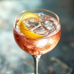 Cocktail servito in coppetta con scorza di limone sul bordo del bicchiere