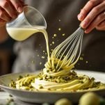 Ciotola con composto di tuorli e pasta di pistacchio mescolato con frusta
