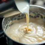 Crema al pistacchio mescolata sul fuoco mentre si addensa