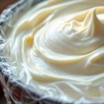 Crema al pistacchio appena cotta coperta con pellicola trasparente per il raffreddamento