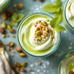 Coppette di crema al pistacchio guarnite con pistacchi e granella