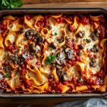 Teglia con strati di lasagna in preparazione