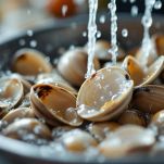 Vongole sciacquate e lasciate in acqua salata in una ciotola.