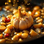 Vongole in padella con aglio e prezzemolo durante la cottura.