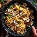 Linguine alle vongole servite con prezzemolo fresco.