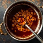 Pentolino con liquido scuro alla liquirizia lasciato raffreddare sul piano della cucina