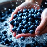 Ciotola con mirtilli freschi sciacquati e pronti per la preparazione