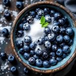 Ciotola con mirtilli freschi e zucchero pronti per macerare