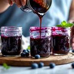 Vasetti riempiti con marmellata di mirtilli appena preparata