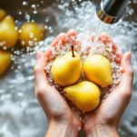 Pere sbucciate e tagliate a cubetti su tagliere.