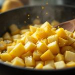 Pentola con pere a pezzi e limone in cottura.