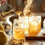 Vasetti di marmellata di pere appena riempiti.