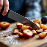 Mele sbucciate con torsolo rimosso e tagliate a cubetti su tagliere