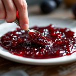 Pentola con marmellata di frutta mentre viene resa liscia con frullatore a immersione