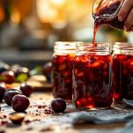 Vasetti riempiti con marmellata di susine pronti per essere chiusi