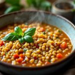 Minestra di farro fumante nel piatto