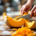 Zucca cruda a spicchi sul tagliere