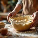 Impasto per muffin mescolato in ciotola.