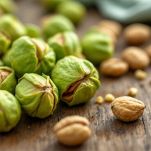 Malli di noci verdi su piano di lavoro