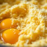 Uova e Parmigiano mescolati in una ciotola.