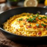 Omelette che cuoce nella padella.