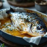 Orata che cuoce in forno nella pirofila.