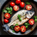 Orata con pomodorini nella pirofila.