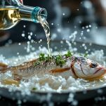 Liquido versato nella pirofila con il pesce.