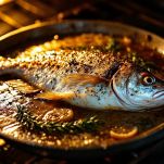 Orata che cuoce in forno nella pirofila.