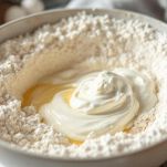 Impasto di farina e yogurt mescolato in ciotola.