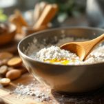 Farina e liquidi uniti nella ciotola.