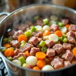 Carne mista e ortaggi immersi in acqua fredda nella pentola