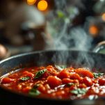 Passata di pomodoro che sobbolle con basilico