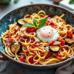 Pasta mescolata con sugo melanzane prosciutto formaggio e uova