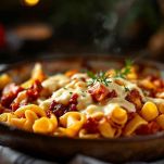 Pasta condita trasferita nella teglia