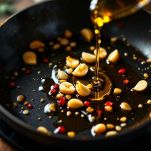 Aglio che rosola in padella con olio.