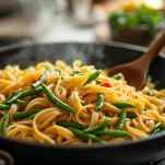 Pasta e fagiolini mescolati in padella.