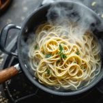 Pasta lessata al dente nella pentola