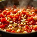 Padella con aglio e pomodori ramati sminuzzati che soffriggono nell’olio