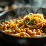Pentola con pasta e ceci mentre si aggiunge acqua calda per la cottura