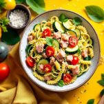 Pasta fredda con zucchine e tonno pronta da raffreddare.