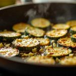 Zucchine a rondelle che cuociono in padella.