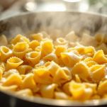 Pasta che cuoce in acqua bollente.
