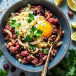 Macinato con olive uova e prezzemolo